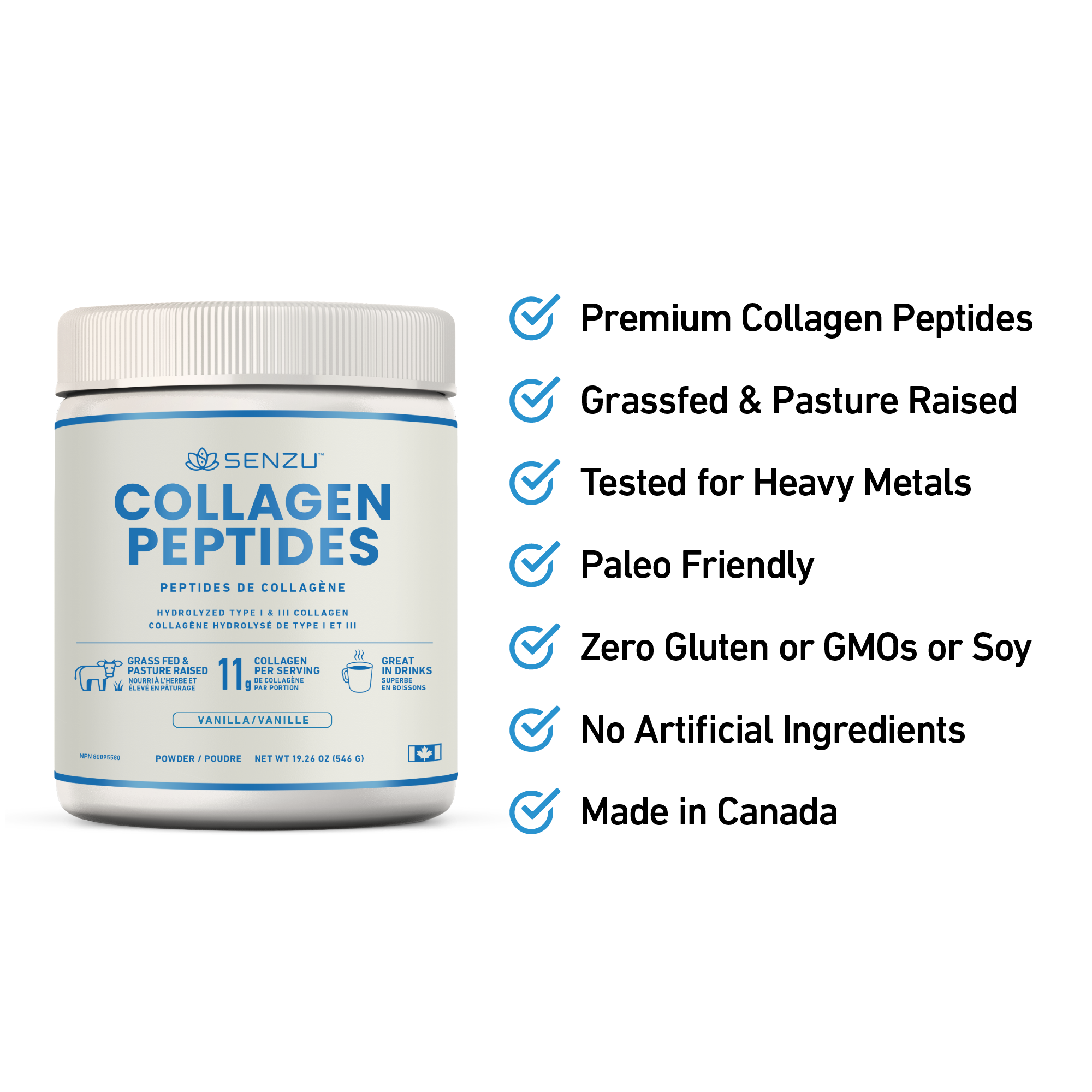 A container of Senzu Health Collagen Peptides Protein Powder (454g), vanilla flavor, is shown with features: premium grass-fed bovine collagen, heavy metal tested, keto friendly, gluten-free, non-GMO, and made in Canada.