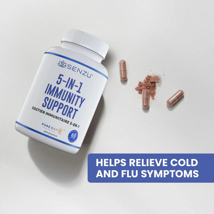 A bottle labeled Senzu Health 5-in-1 Immunity Support lies by several capsules, one opened with powder spilled. A blue box says: Helps relieve cold and flu symptoms with powerful immune system support.