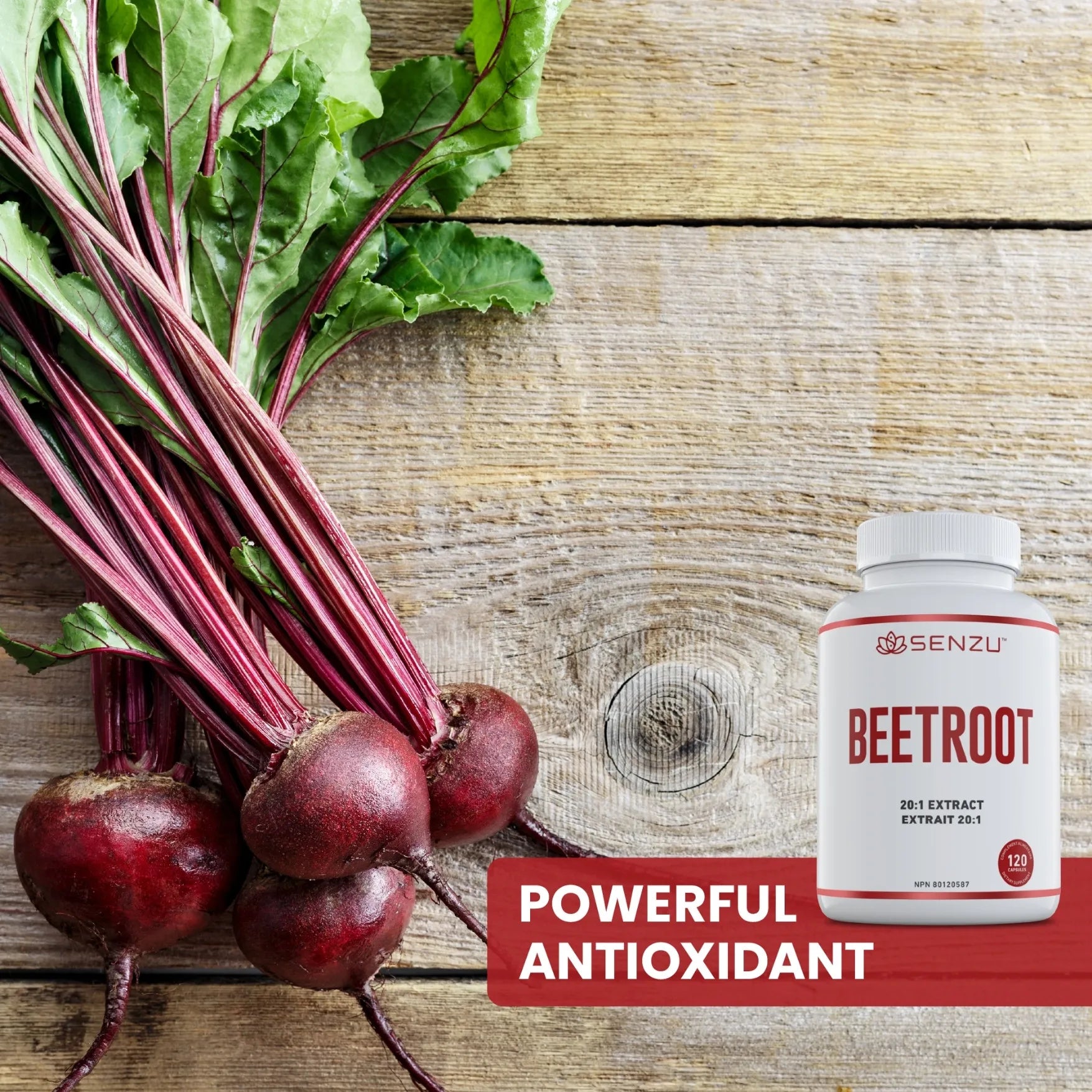 Fresh beetroots with green leaves beside a white Senzu Health Beetroot 20:1 Extract bottle, offering high potency antioxidant support. Text below reads Powerful Antioxidant.