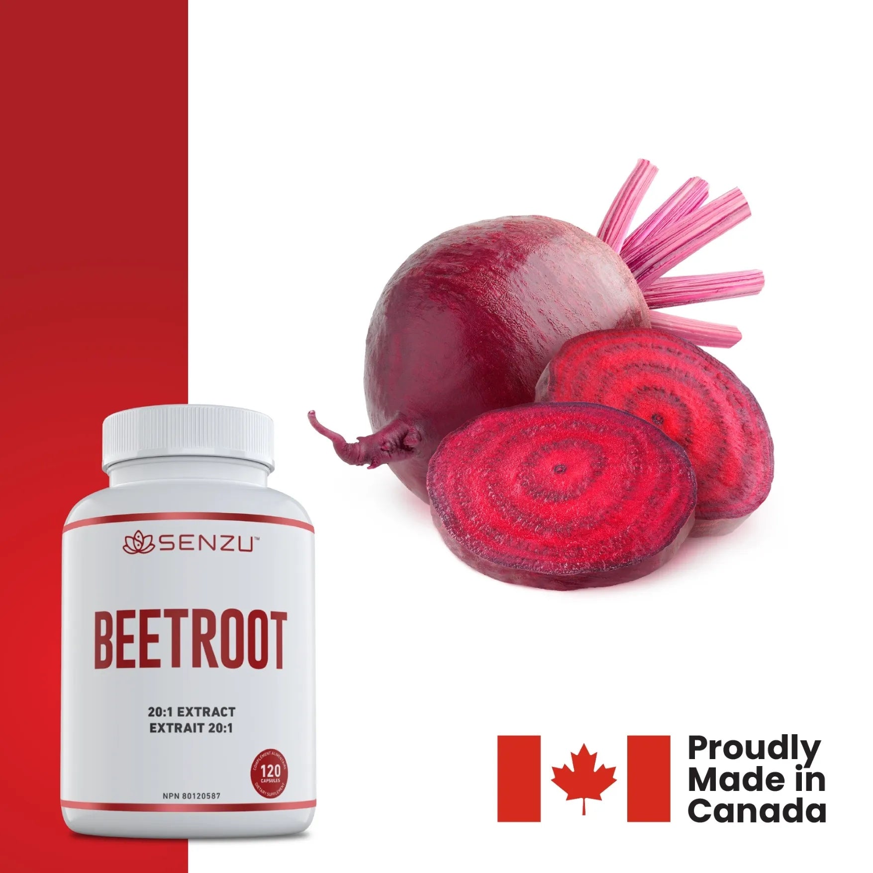 A bottle of Senzu Health Beetroot 20:1 Extract capsules beside whole and sliced beets, with a Canadian flag and Proudly Made in Canada text on a white and red background, emphasizing antioxidant support.
