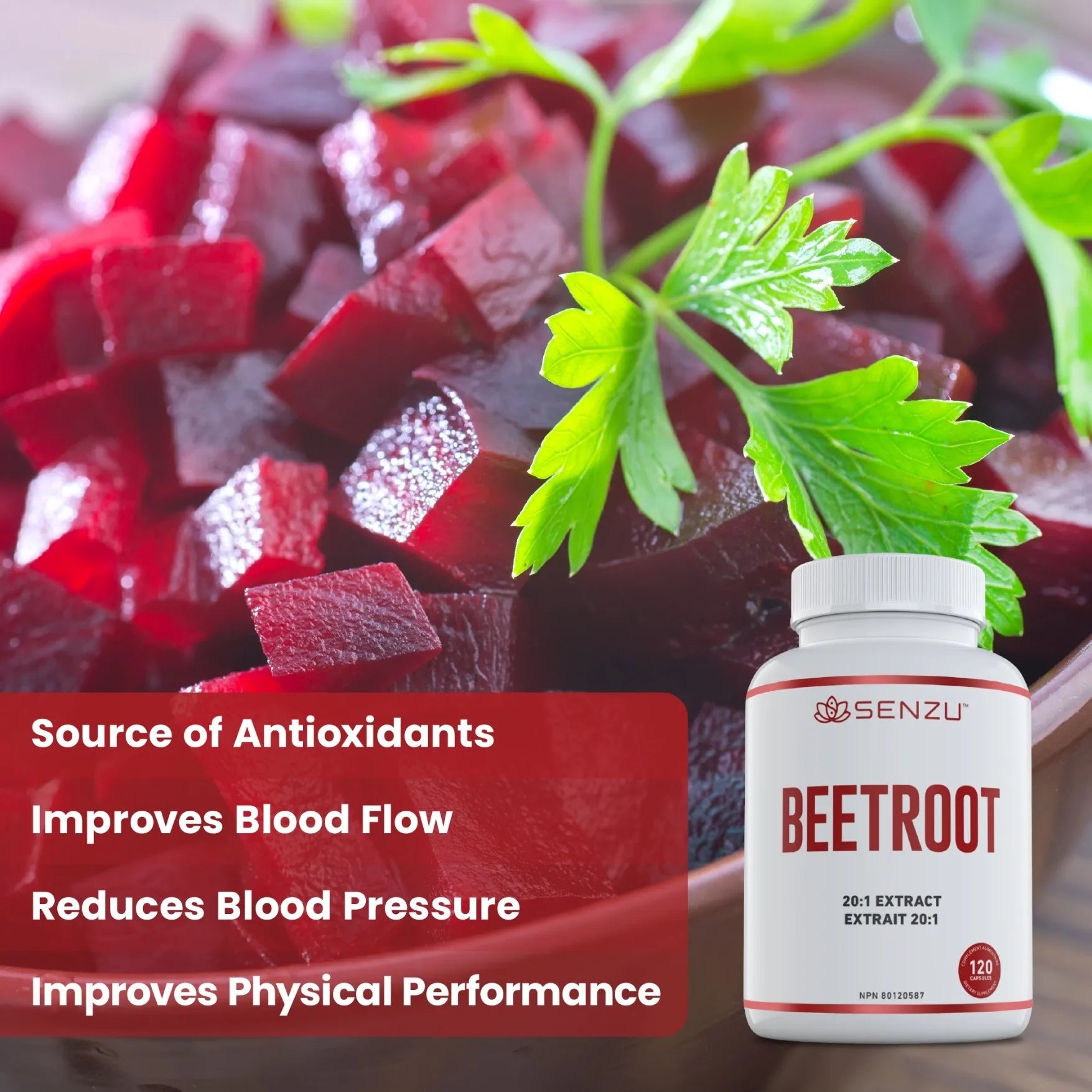 A close-up of diced beetroot with parsley and a bottle labeled Senzu Health Beetroot 20:1 Extract. Text highlights high potency, antioxidant support, enhanced blood flow, and improved performance.