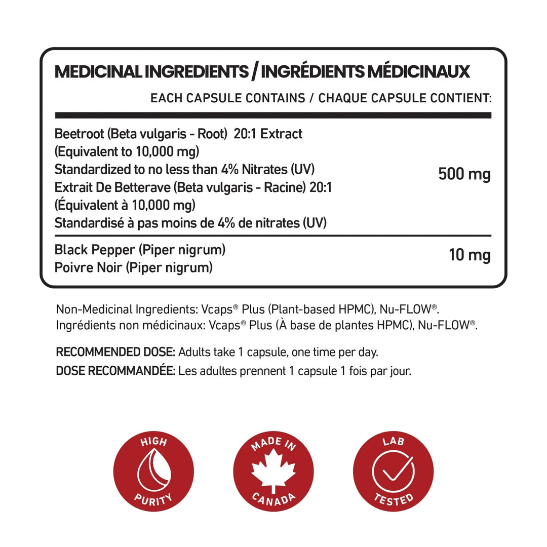 Senzu Health Beetroot 20:1 Extract provides high potency per capsule: 500 mg beetroot extract (4% nitrates UV) and 10 mg black pepper extract (95% piperine), for antioxidant support. Includes purity, Made in Canada, and lab-tested icons.