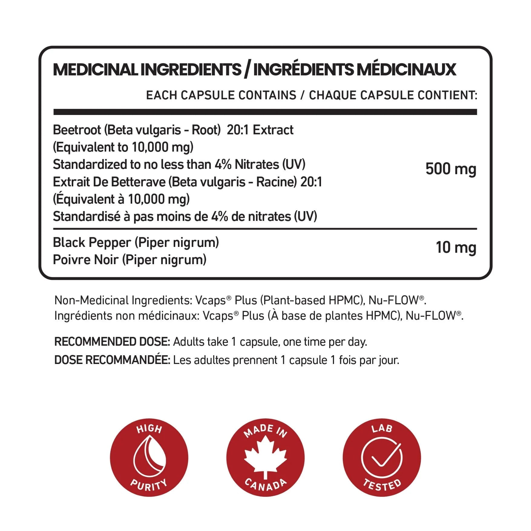 Senzu Health Beetroot 20:1 Extract provides high potency per capsule: 500 mg beetroot extract (4% nitrates UV) and 10 mg black pepper extract (95% piperine), for antioxidant support. Includes purity, Made in Canada, and lab-tested icons.