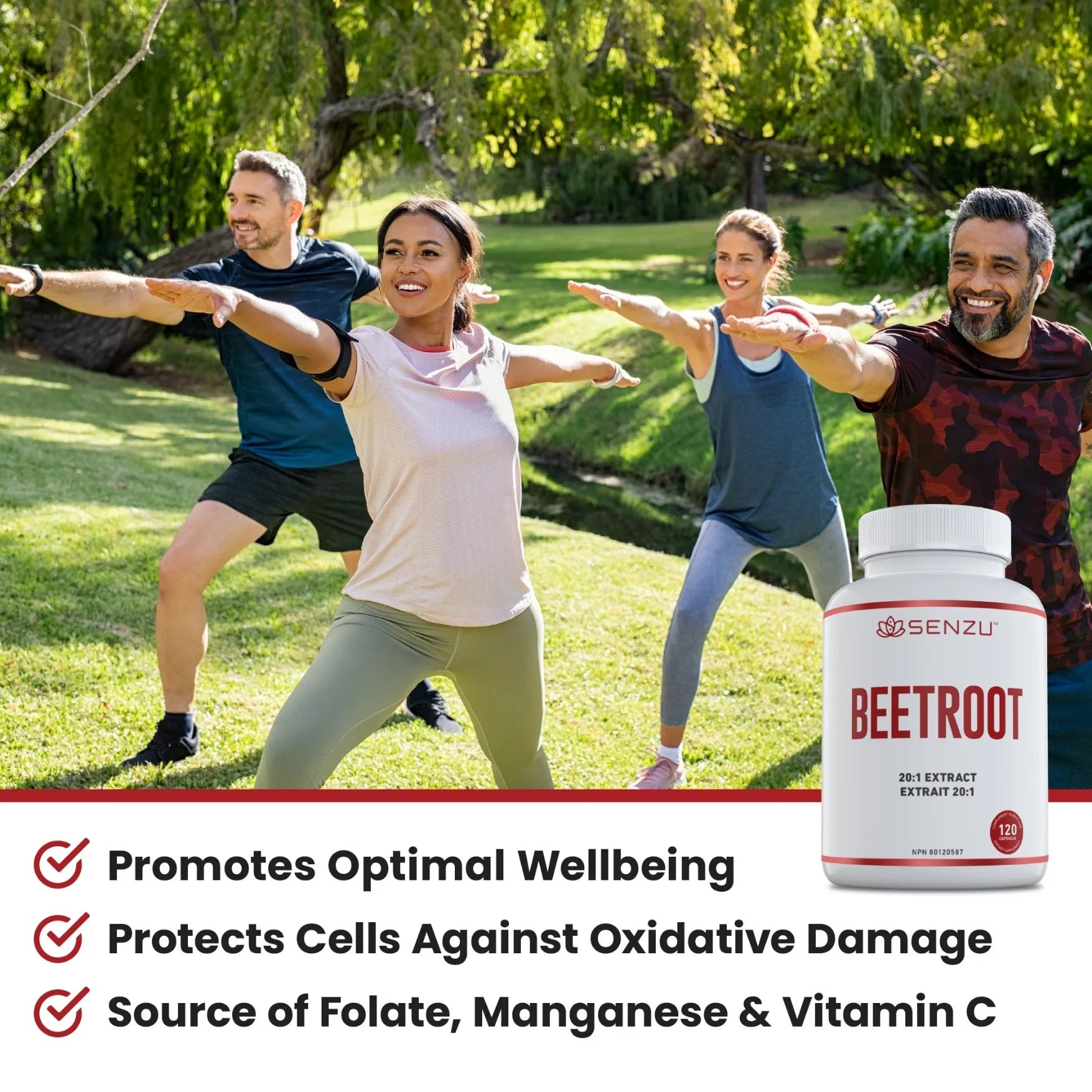 Four people exercise outdoors in a park, stretching in a line. In the foreground is a bottle of Senzu Health Beetroot 20:1 Extract, featuring text about its high potency and antioxidant support for overall health.