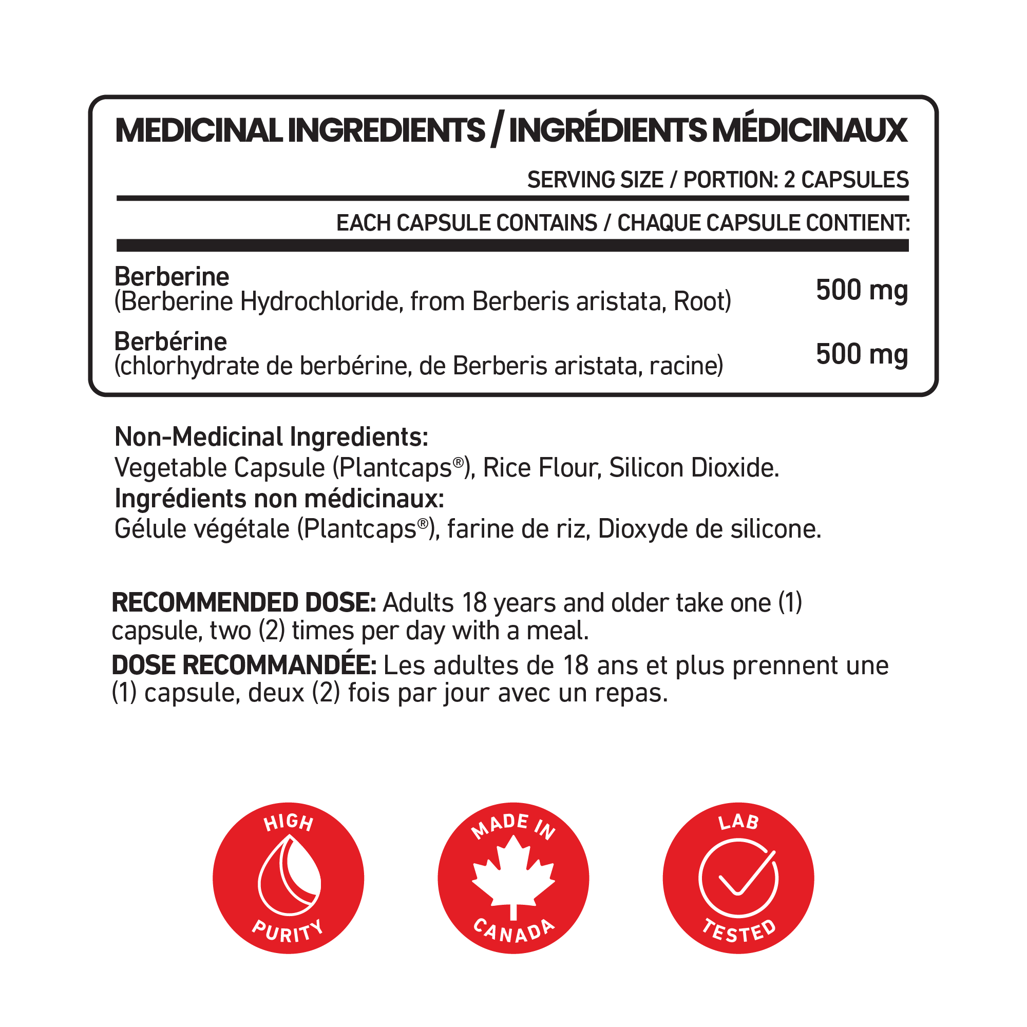 Senzu Health Berberine supplement label: Each 2-capsule serving provides 500 mg Berberine HCl and 500 mg Berberine. Supports healthy cholesterol and blood sugar. High purity, made in Canada, and lab tested icons are displayed.