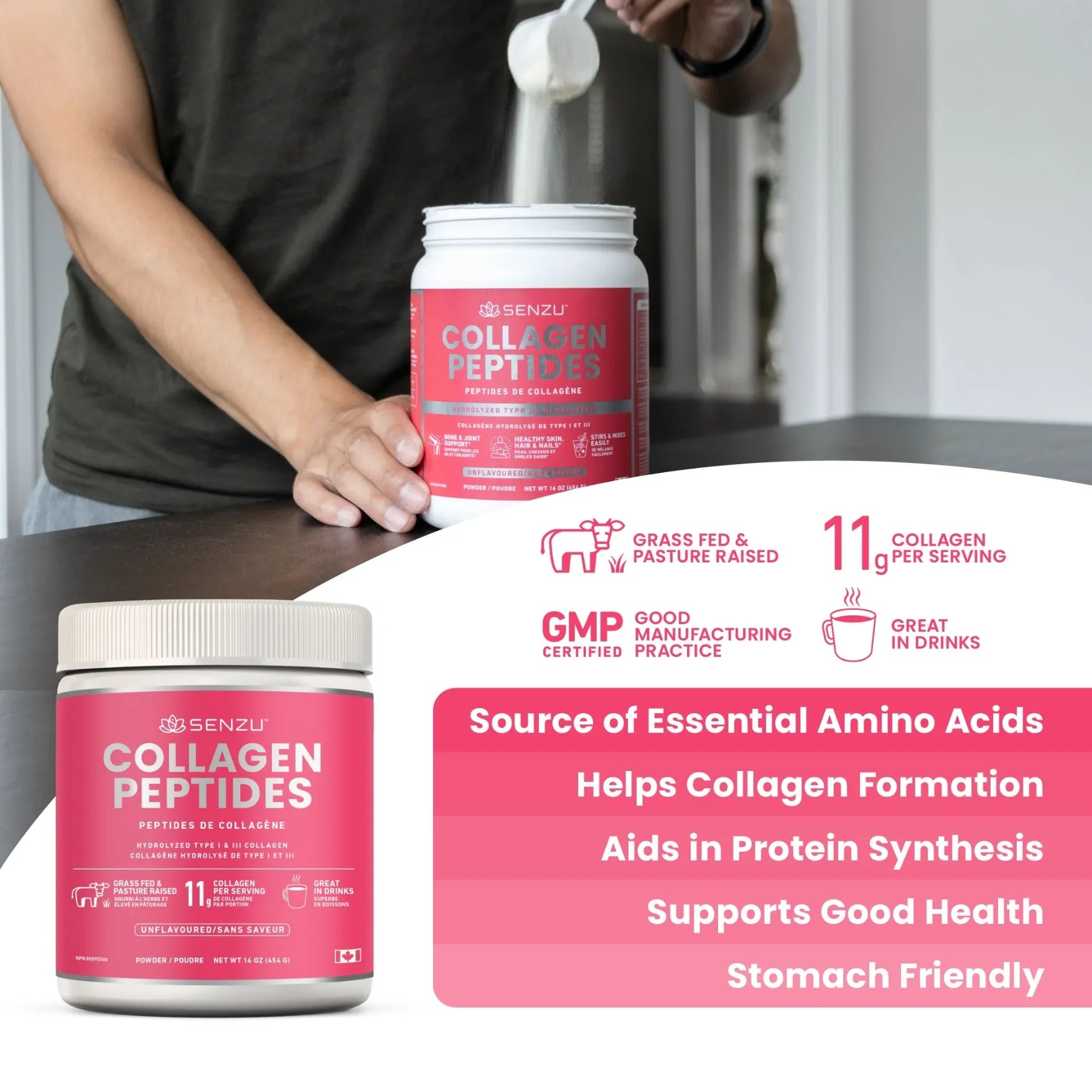 Two jars of Senzu Health Collagen Peptides Protein Powder (454g) are shown. A person pours keto-friendly powder into a glass. Labels highlight protein synthesis, gut health, amino acids, and GMP certification.