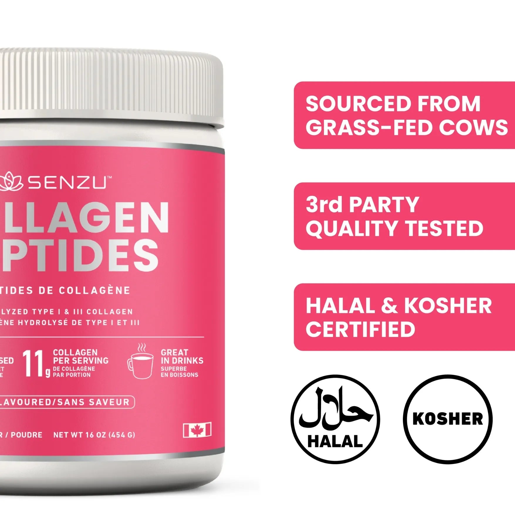 A container of Senzu Health Collagen Peptides Protein Powder (454g) is shown with text: Grass-fed bovine sourced, keto friendly, 3rd party quality tested, Halal & Kosher certified, plus icons for Halal and Kosher certification.