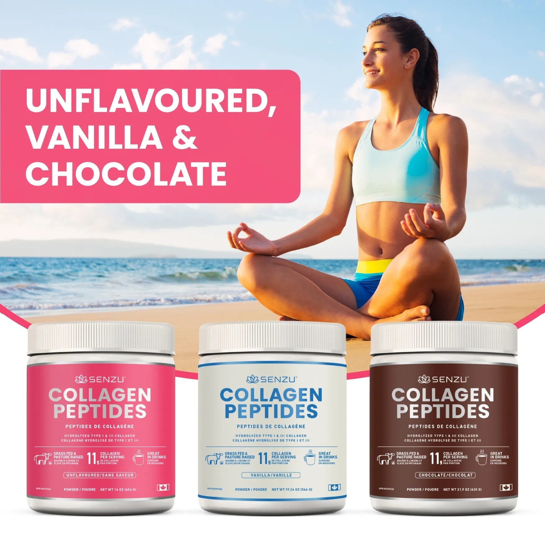 At sunrise, a woman in workout clothes meditates on the beach. In front of her are three jars of Senzu Health Collagen Peptides Protein Powder (454g)—unflavoured, vanilla, and chocolate—with a pink banner listing these keto-friendly flavors.