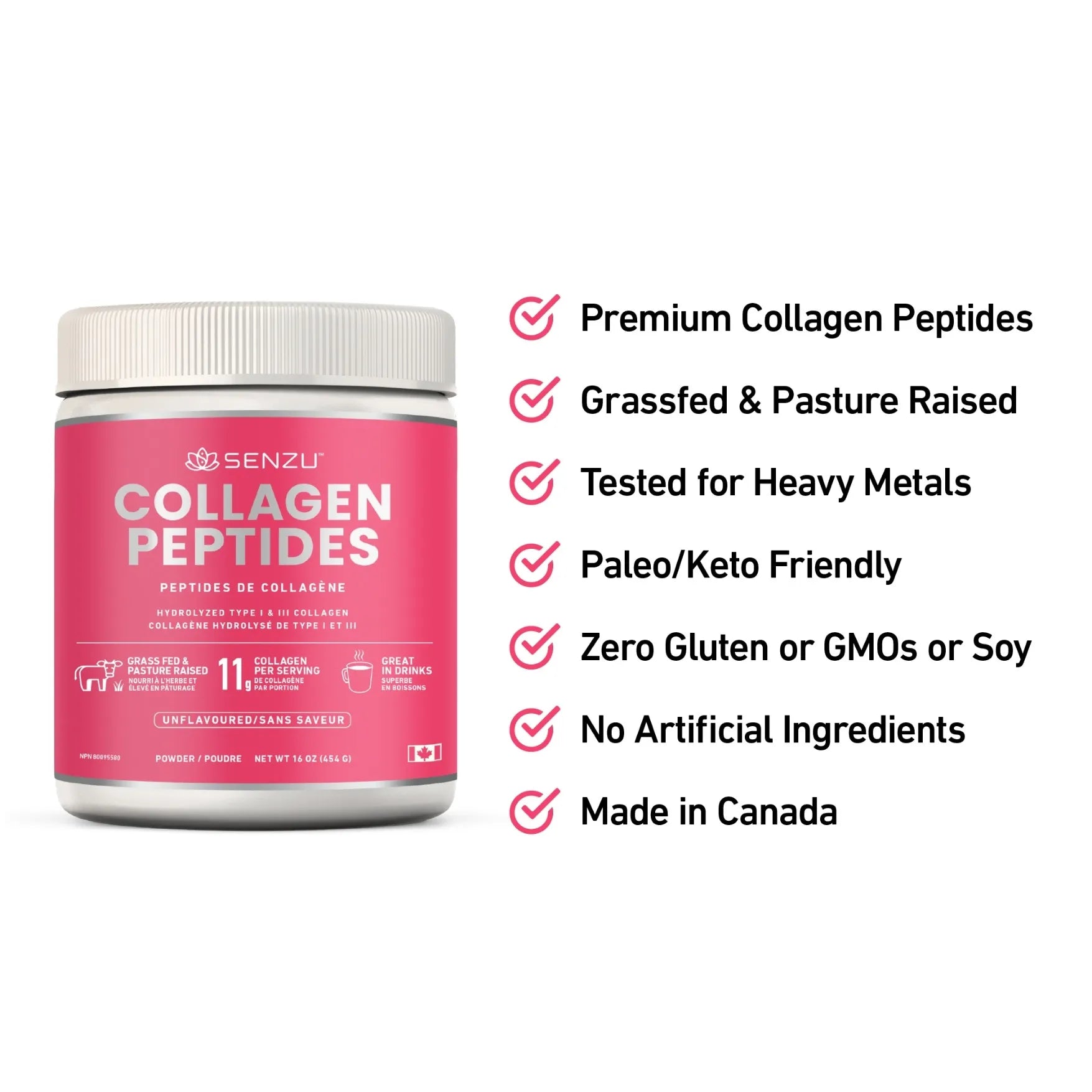 A container of Senzu Health Collagen Peptides Protein Powder (454g) is shown with features like premium quality, grass-fed bovine collagen, tested for heavy metals, keto friendly, gluten/GMO/soy free, no artificial ingredients, and made in Canada.
