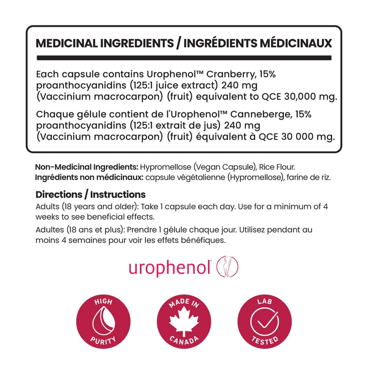 Label for Senzu Health Cranberry Extract Urophenol capsule, featuring UTI prevention and urinary tract health. Shows ingredients, usage, icons for high purity, made in Canada & lab tested. Includes English and French text.