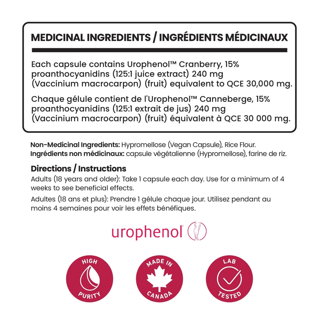 Label for Senzu Health Cranberry Extract Urophenol capsule, featuring UTI prevention and urinary tract health. Shows ingredients, usage, icons for high purity, made in Canada & lab tested. Includes English and French text.