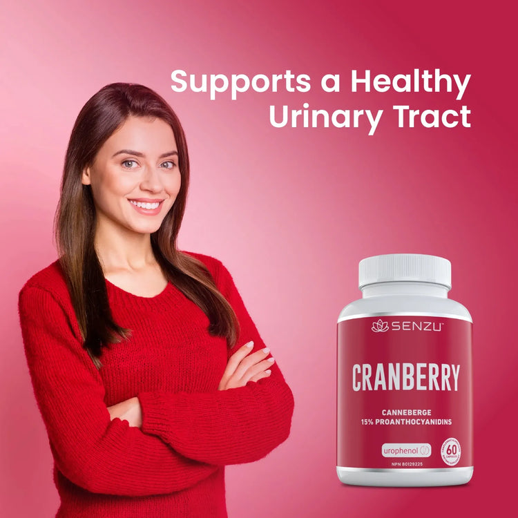 A smiling woman in a red sweater stands with arms crossed next to a bottle of Senzu Health Cranberry Extract Urophenol. The text above reads: Supports Urinary Tract Health and UTI Prevention. Pink gradient background.