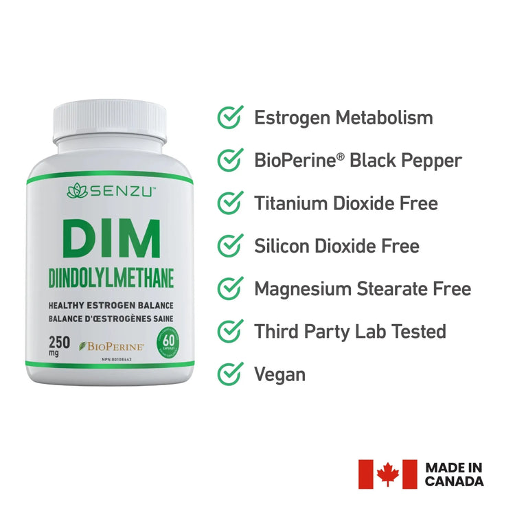 A bottle of Senzu Health DIM Diindolylmethane 250mg for estrogen support, with BioPerine black pepper. Free from titanium dioxide, silicon dioxide, and magnesium stearate. Vegan, third-party tested, and made in Canada.