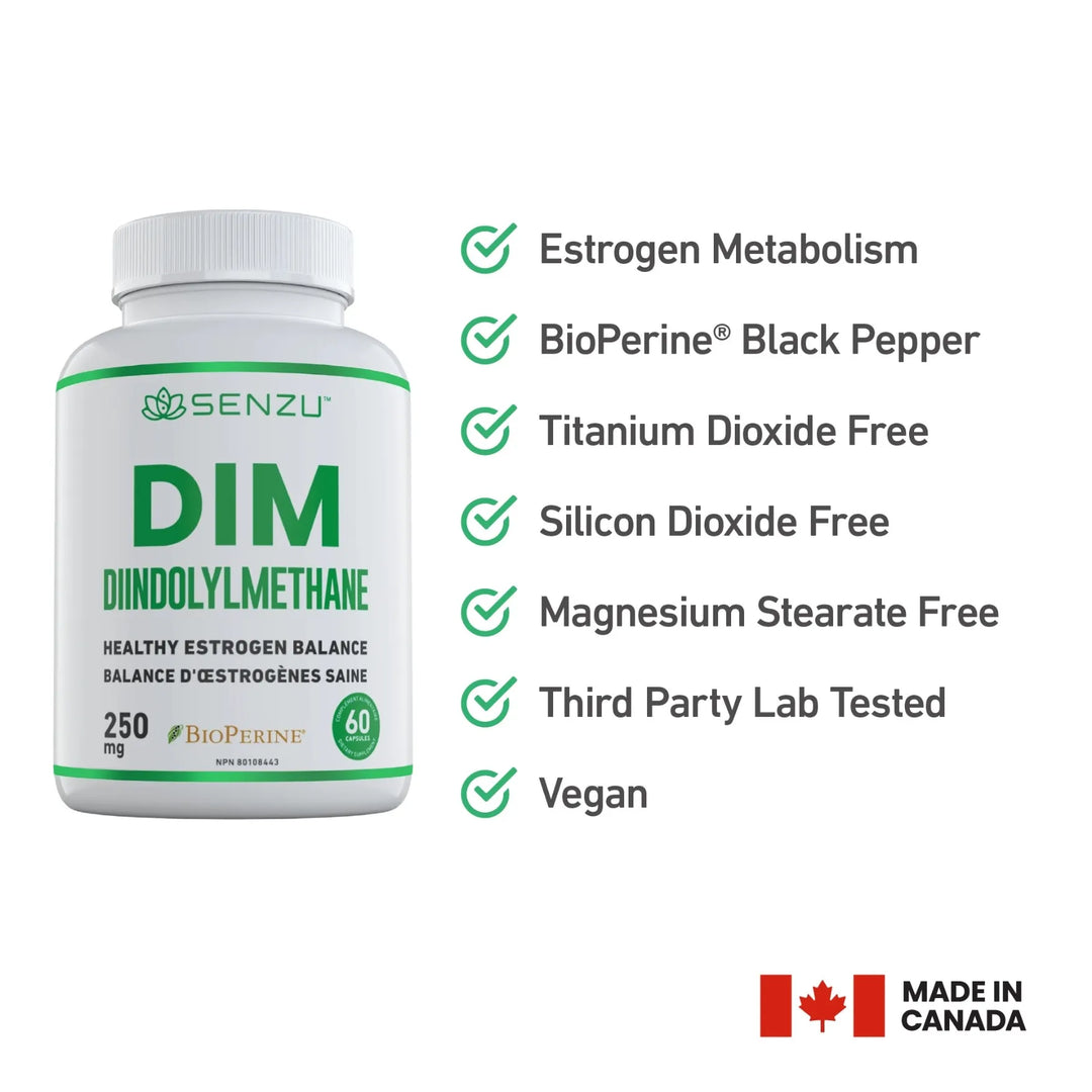 A bottle of Senzu Health DIM Diindolylmethane 250mg for estrogen support, with BioPerine black pepper. Free from titanium dioxide, silicon dioxide, and magnesium stearate. Vegan, third-party tested, and made in Canada.