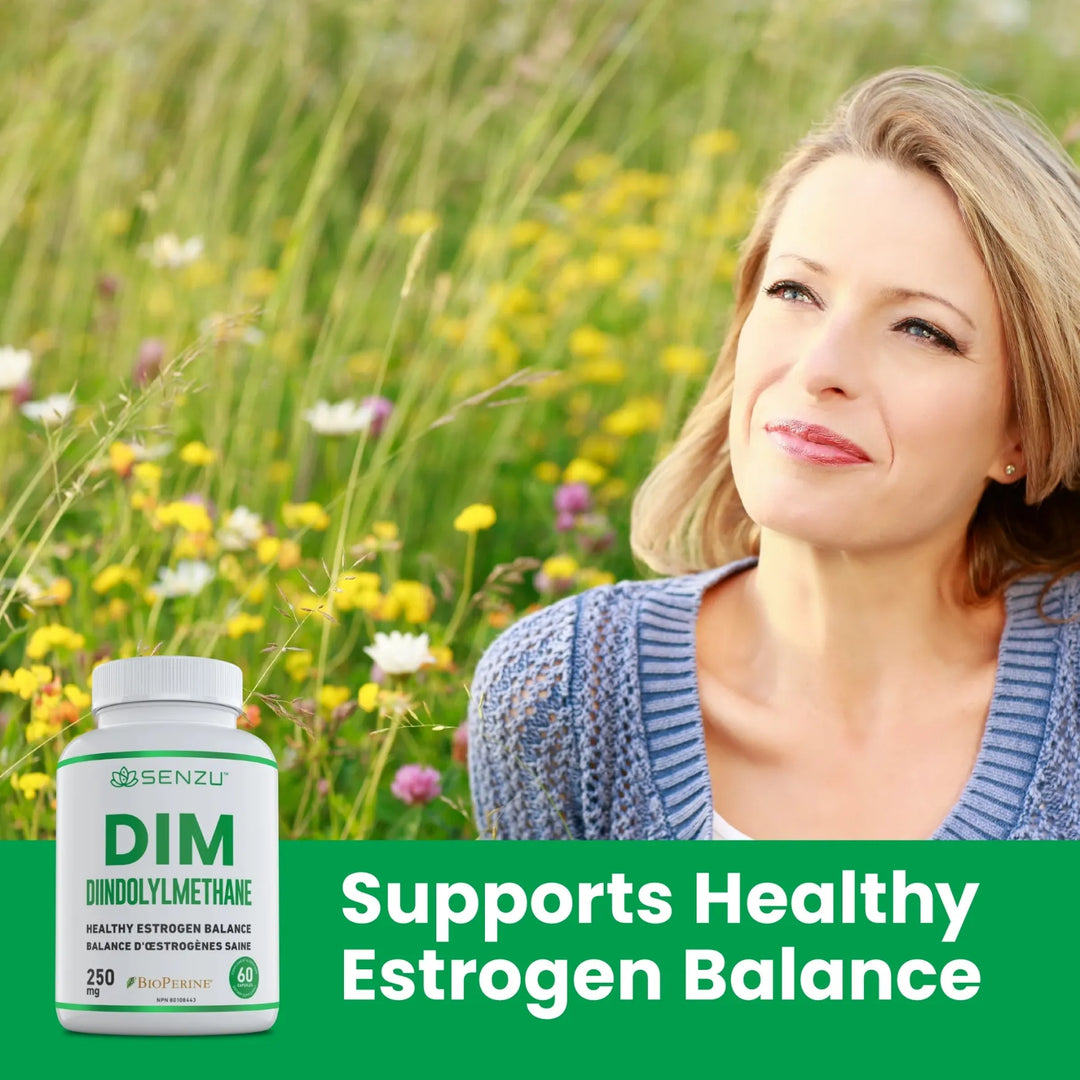 A woman sits content in a field of wildflowers. In the foreground is a bottle labeled “Senzu Health DIM Diindolylmethane 250mg.” Text below reads: “Supports Healthy Estrogen Balance and estrogen support.”.