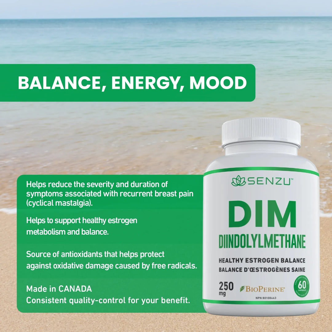 A bottle of Senzu Health DIM Diindolylmethane 250mg with BioPerine is shown on a wooden surface with a green background. Text highlights support for balance, energy, mood, estrogen health, and antioxidants.