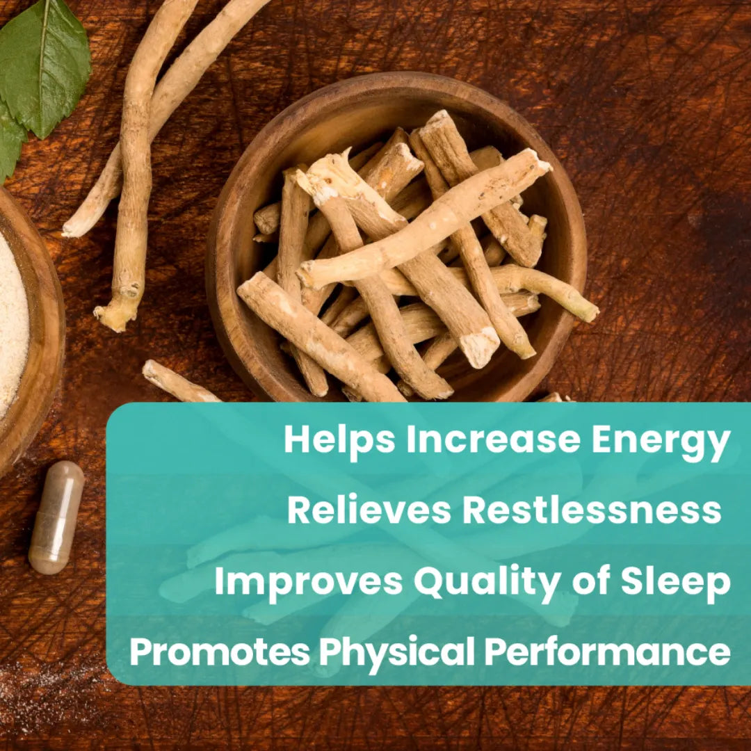 A wooden bowl with ashwagandha roots sits beside Senzu Health’s KSM-66 Full-Spectrum Ashwagandha capsules and powder. Overlaid text: Boosts energy, relieves stress, improves sleep, and supports physical performance.