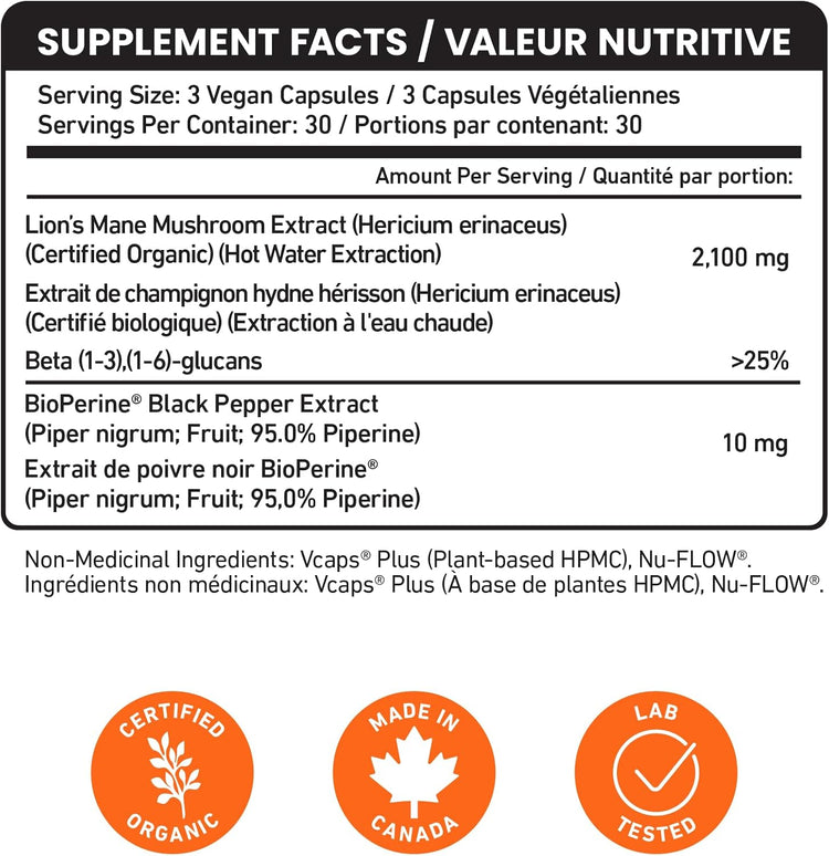 Senzu Health Organic Lions Mane Supplement Facts: With BioPerine® Black Pepper Extract, certified organic, made in Canada, lab tested. Each 3-capsule serving offers premium cognitive support with vegan capsules.