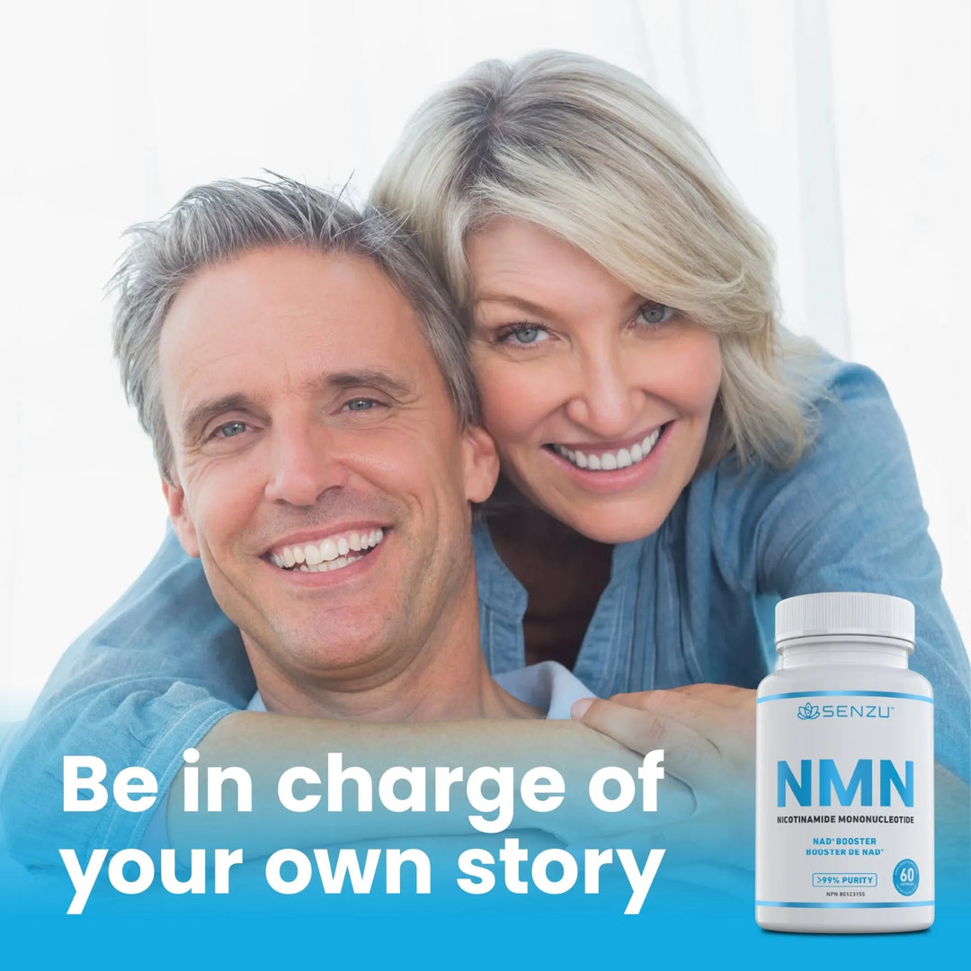 A happy middle-aged couple sits close together, smiling. In the lower right corner is a bottle of Senzu Health NMN Nicotinamide Mononucleotide supplement. Text reads: Be in charge of your own story.