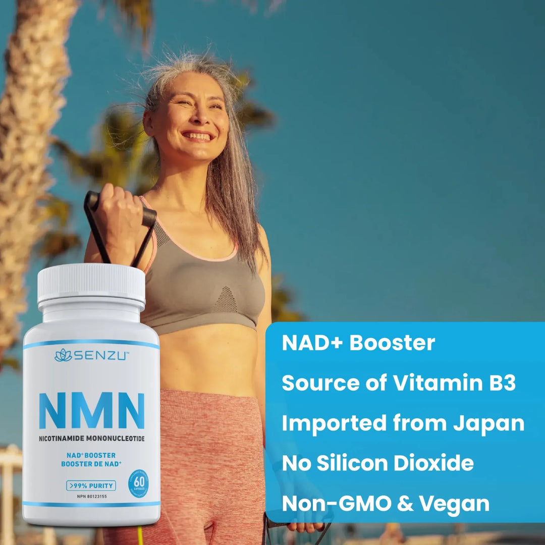 A smiling woman exercises outdoors with resistance bands among palm trees. In front, a bottle of Senzu Health NMN Nicotinamide Mononucleotide supplement highlights its benefits and features.