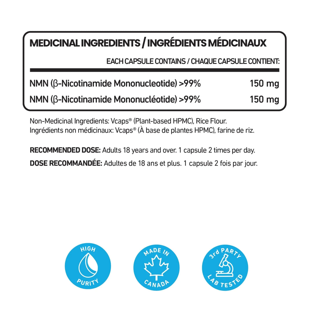 Senzu Health NMN Nicotinamide Mononucleotide, 150 mg per capsule, made in Canada, highly bioavailable, Non-GMO, third-party lab tested. Adults: take 1 capsule daily. Ingredients listed in English and French.