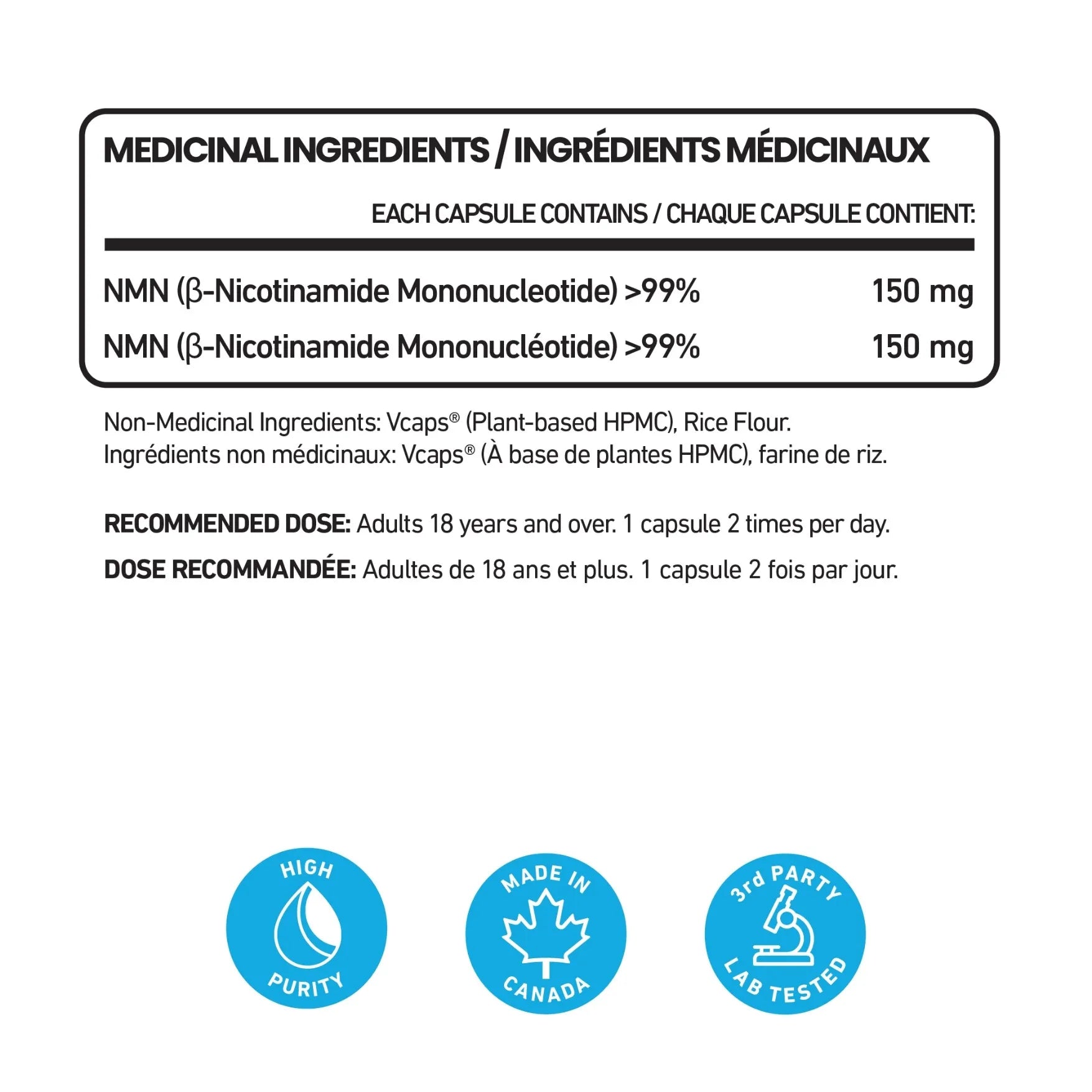 Senzu Health NMN Nicotinamide Mononucleotide, 150 mg per capsule, made in Canada, highly bioavailable, Non-GMO, third-party lab tested. Adults: take 1 capsule daily. Ingredients listed in English and French.
