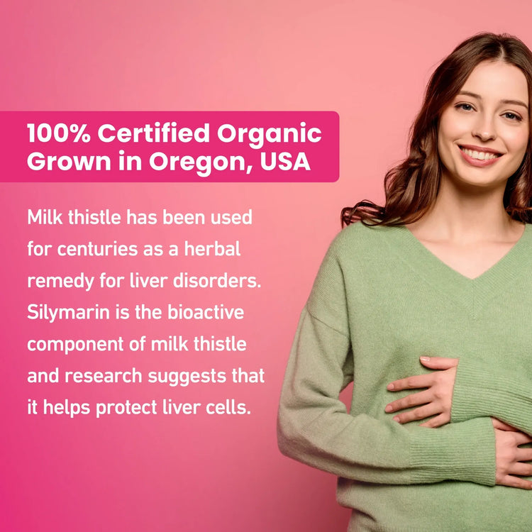 A smiling woman in a light green sweater holds her right side. Text highlights Senzu Healths Organic Milk Thistle 4:1 Extract from Oregon—100% organic, supports liver health, and research shows its protective benefits. Pink background.