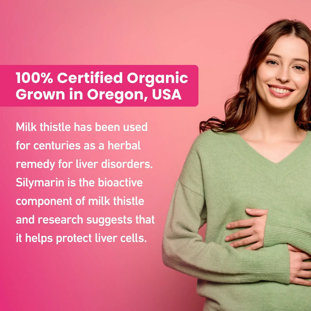 A smiling woman in a light green sweater holds her right side. Text highlights Senzu Healths Organic Milk Thistle 4:1 Extract from Oregon—100% organic, supports liver health, and research shows its protective benefits. Pink background.