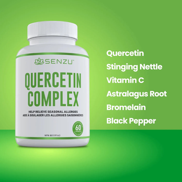 A white bottle of Senzu Health Quercetin Complex is shown on a green background, featuring key ingredients for seasonal allergy relief: Quercetin, Stinging Nettle, Vitamin C, Astragalus Root, Bromelain, and Black Pepper in vegan capsules.