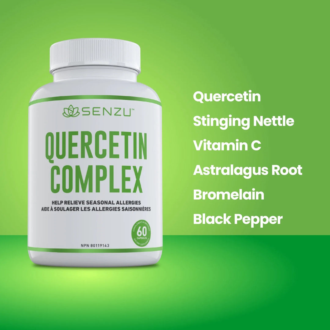 A white bottle of Senzu Health Quercetin Complex is shown on a green background, featuring key ingredients for seasonal allergy relief: Quercetin, Stinging Nettle, Vitamin C, Astragalus Root, Bromelain, and Black Pepper in vegan capsules.