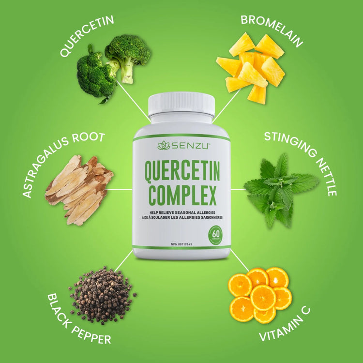 A bottle of Senzu Health Quercetin Complex is centered, with key ingredients—quercetin, bromelain (pineapple), stinging nettle, vitamin C (oranges), black pepper, and astragalus root—highlighting vegan capsules for natural allergy relief.