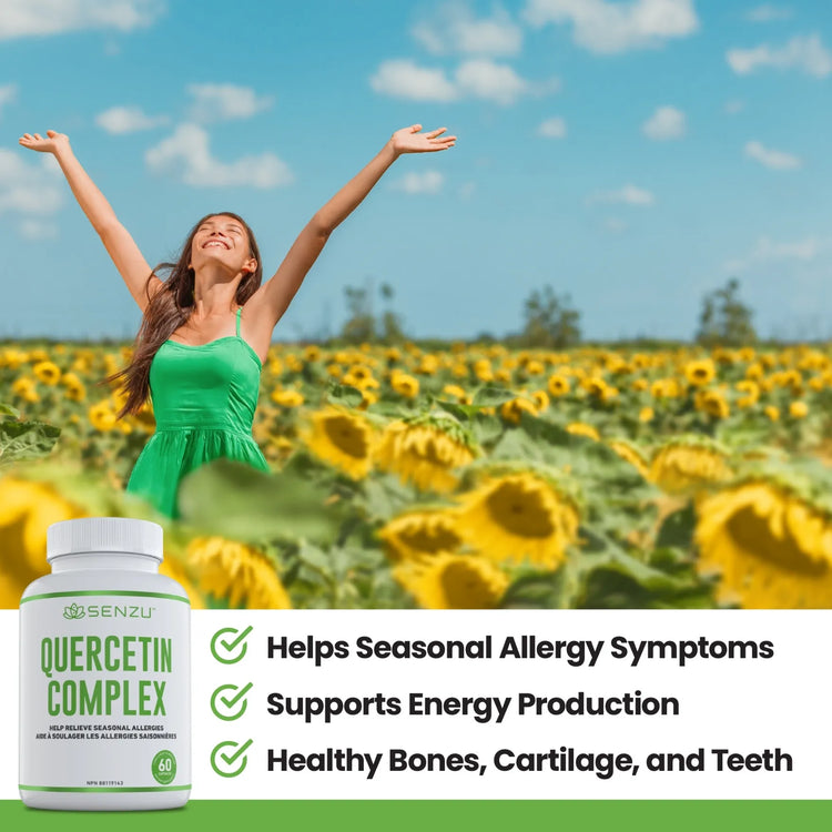 A joyful woman stands in a sunflower field with arms raised. In the corner, Senzu Health’s Quercetin Complex vegan capsules appear next to text highlighting seasonal allergy relief, energy support, and bone health benefits.