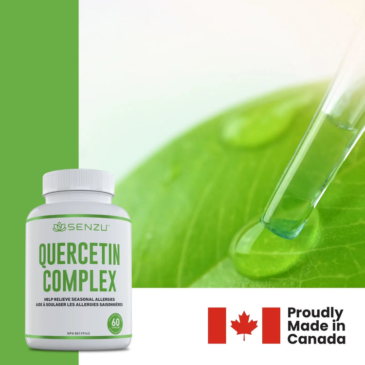 Senzu Health Quercetin Complex, with vegan capsules for seasonal allergy relief, is pictured beside a green leaf and dropper. The image displays a Canadian flag and reads: Proudly Made in Canada.