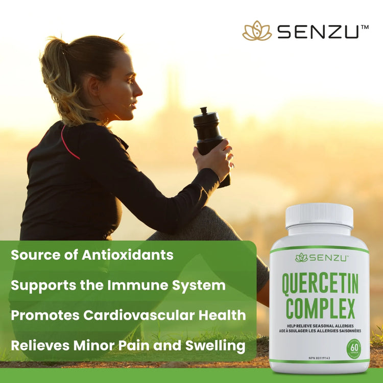 A woman in athletic wear sits outdoors at sunset, holding a water bottle. In the foreground, a Senzu Health Quercetin Complex bottle highlights antioxidants, immune support, and seasonal allergy relief with vegan capsules.