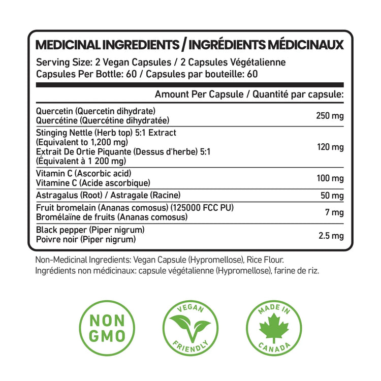 Senzu Health’s Quercetin Complex supplement label lists medicinal ingredients per vegan capsule—quercetin, stinging nettle, sweet orange, vitamin C, astragalus root, bromelain, black pepper—for seasonal allergy relief. Non-GMO. Made in Canada.