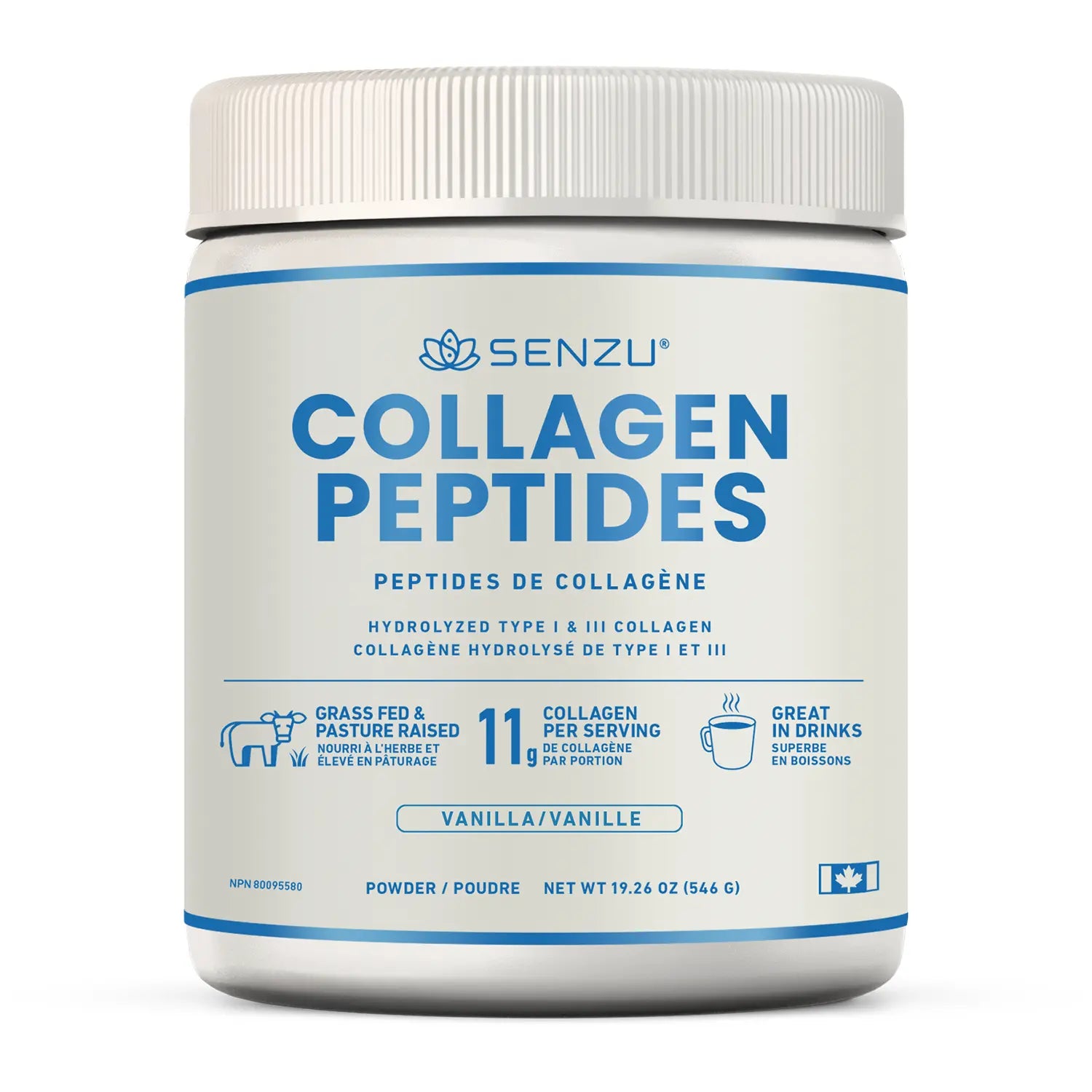 A white container of Senzu Health Collagen Peptides Protein Powder (454g) with blue text and icons highlighting its grass-fed bovine source, 11g collagen per serving, vanilla flavor, and keto friendly formula.