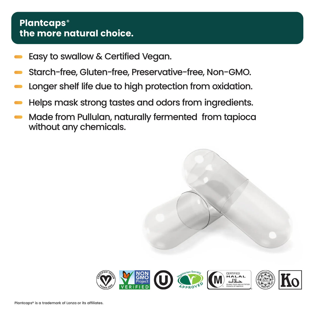 Two clear NMN Nicotinamide Mononucleotide capsules from Senzu Health are shown beside benefits like ultra-high purity, vegan, gluten-free, preservative-free, non-GMO, pullulan-based; certification logos are displayed below.