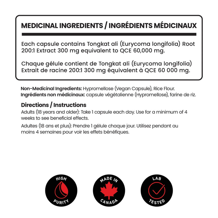 The Senzu Health Tongkat Ali supplement label shows each capsule contains Tongkat Ali root extract, with usage directions, non-medicinal ingredients, and icons for high purity, made in Canada, and lab tested to support exercise performance.