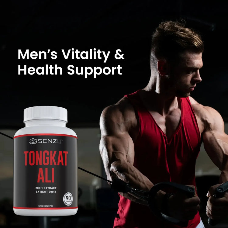 A muscular man in a red tank top uses gym equipment beside a bottle of Senzu Health Tongkat Ali. Text: Men’s Vitality & Health Support—unlock your best exercise performance.