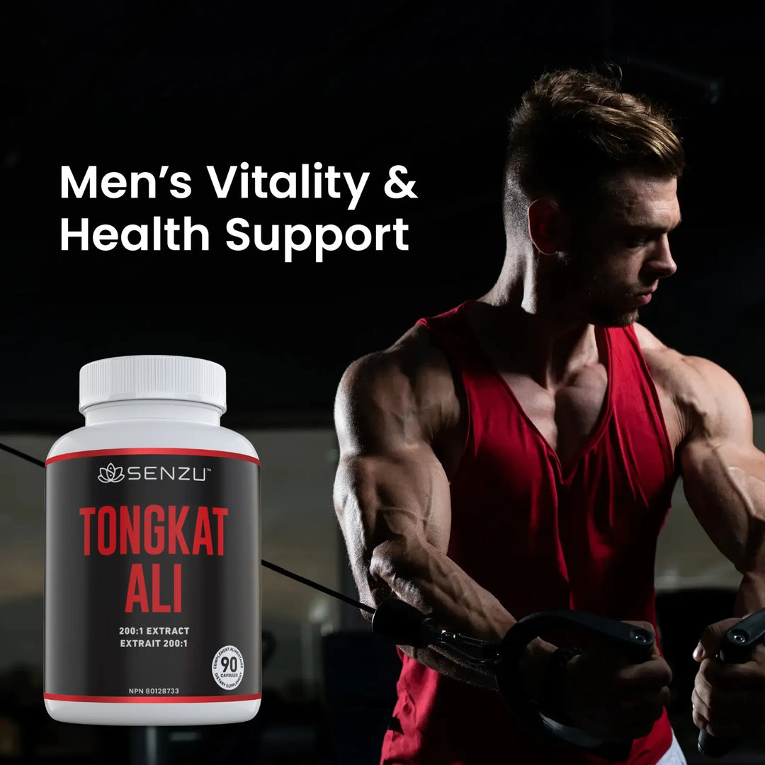 A muscular man in a red tank top uses gym equipment beside a bottle of Senzu Health Tongkat Ali. Text: Men’s Vitality & Health Support—unlock your best exercise performance.