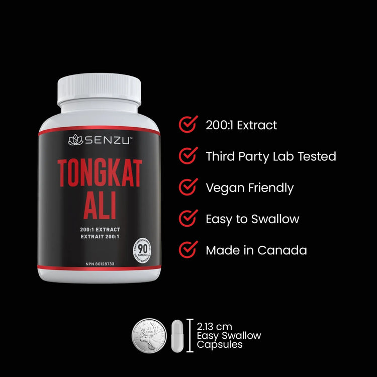 A bottle of Senzu Health Tongkat Ali is shown with features: 200:1 extract, third-party lab tested, vegan friendly, easy to swallow, made in Canada. Below is a 2.13 cm capsule labeled Stamina Supplement.