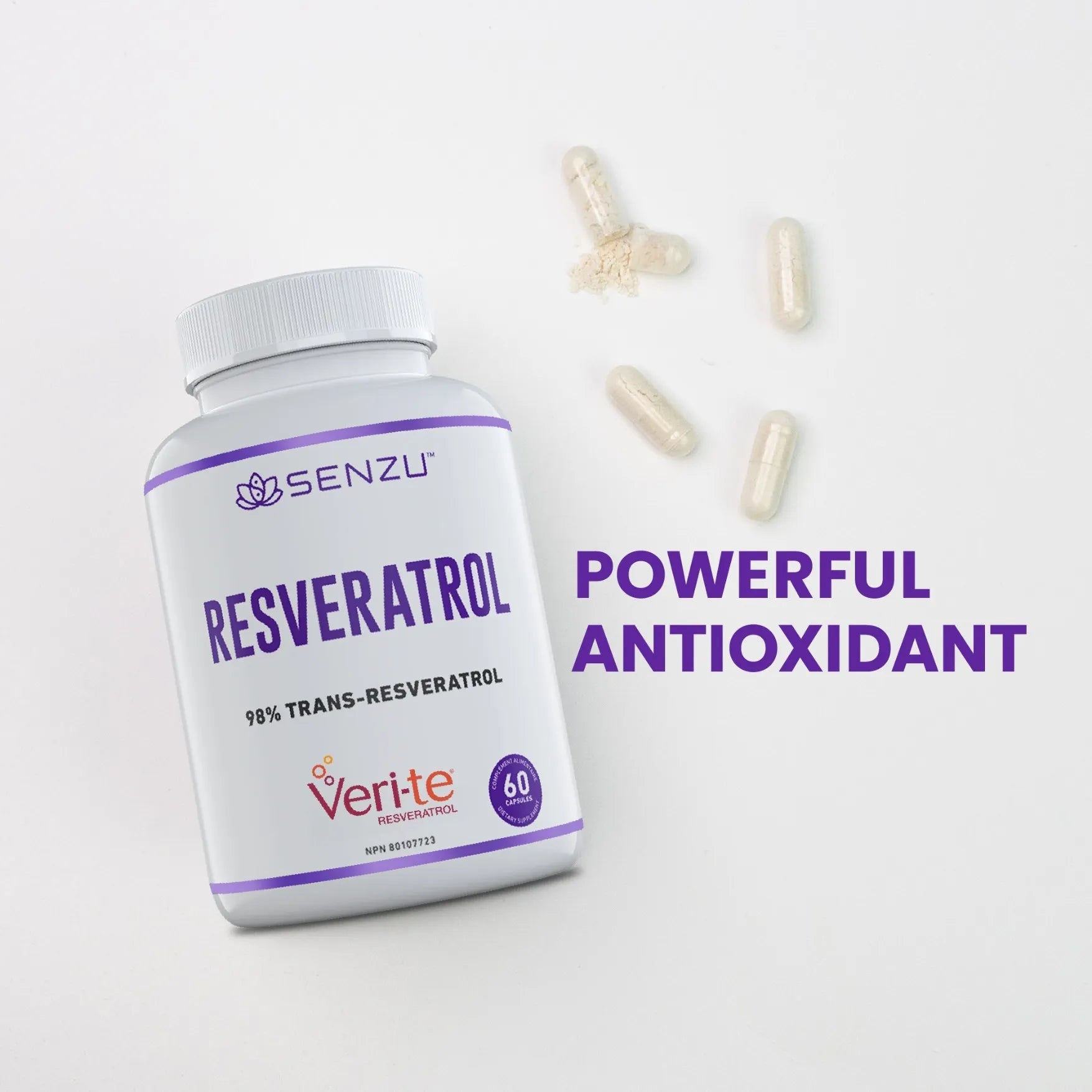 A bottle labeled Senzu Health Trans-Resveratrol 98%, renowned for its purity, rests beside five clear capsules. To the right, Powerful Antioxidant is displayed in bold purple on a white background.