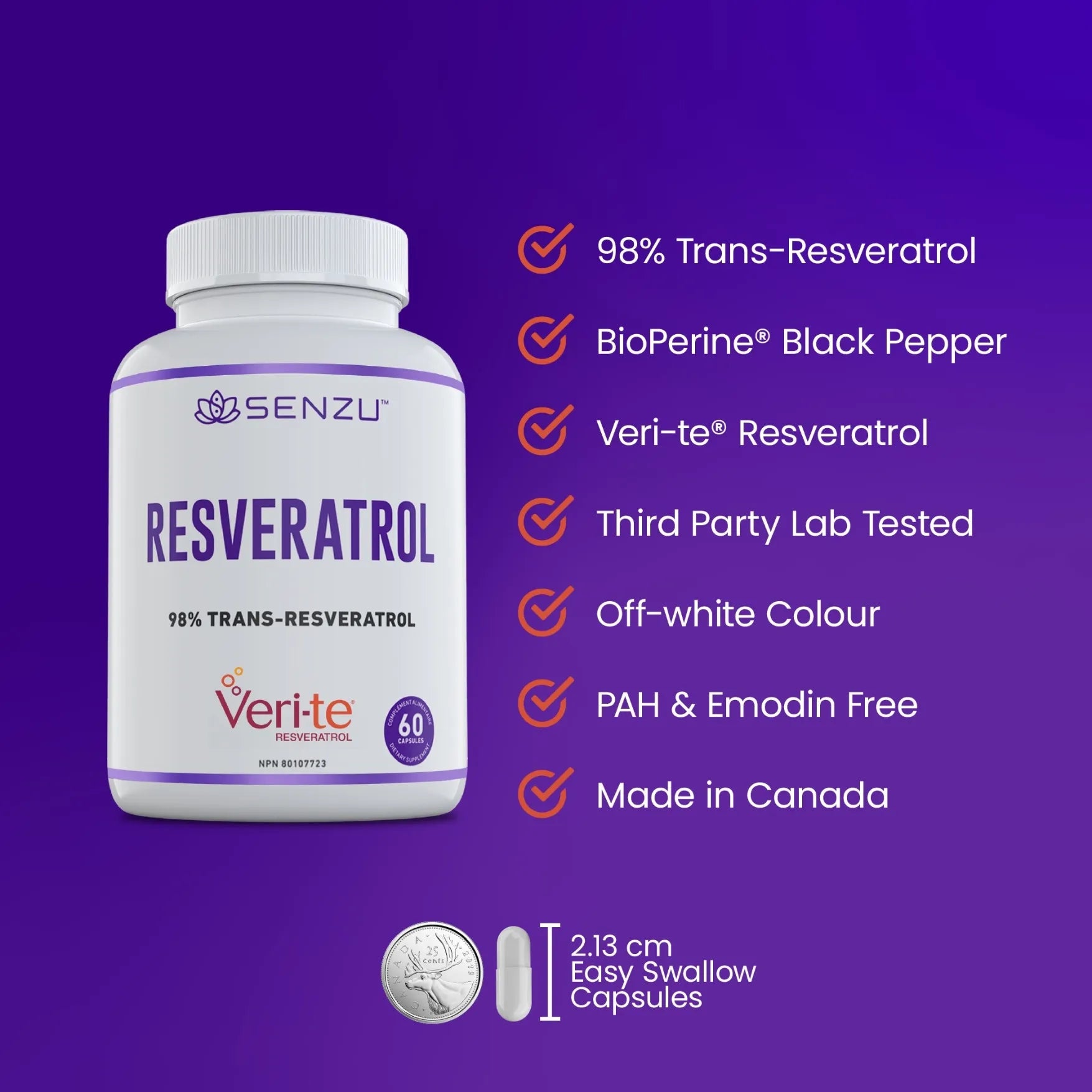 A bottle of Senzu Health Trans-Resveratrol 98% capsules is shown, featuring 98% pure trans-resveratrol, Veri-te resveratrol, BioPerine Black Pepper, off-white color, PAH & emodin free, third-party lab tested, and made in Canada.