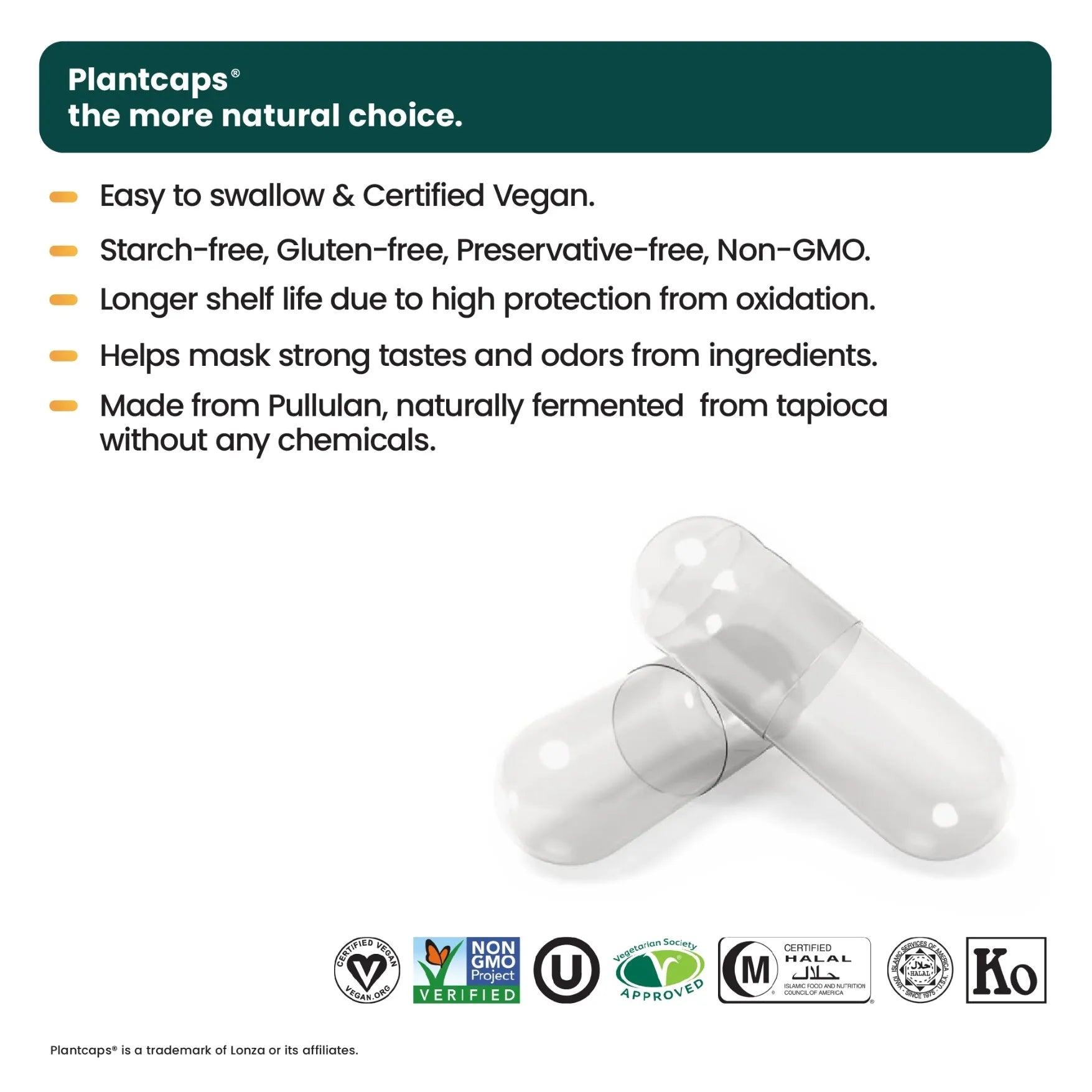 Two clear capsules labeled: high purity, easy to swallow, vegan, gluten-free, preservative-free, non-GMO, long shelf life, odor masking—made from pullulan with Senzu Health Trans-Resveratrol 98%; certification logos displayed below.