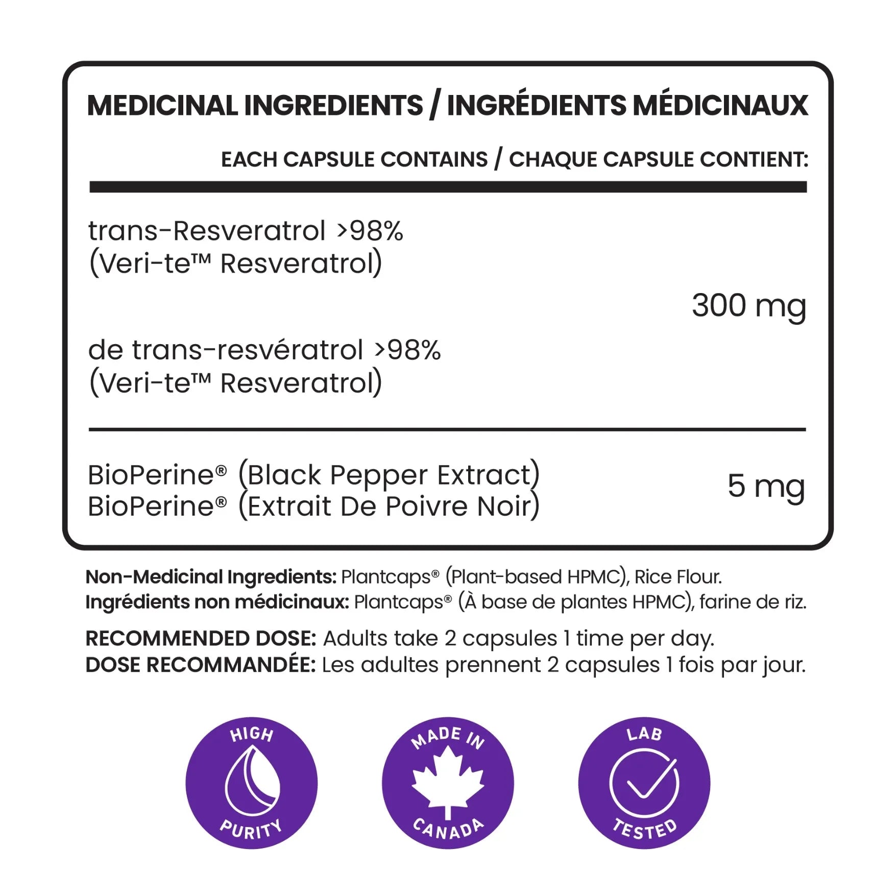 The Trans-Resveratrol 98% by Senzu Health label lists per capsule: Veri-te resveratrol (trans resveratrol) 300 mg, BioPerine 5 mg. High purity, made in Canada, lab tested. Bilingual English/French text.