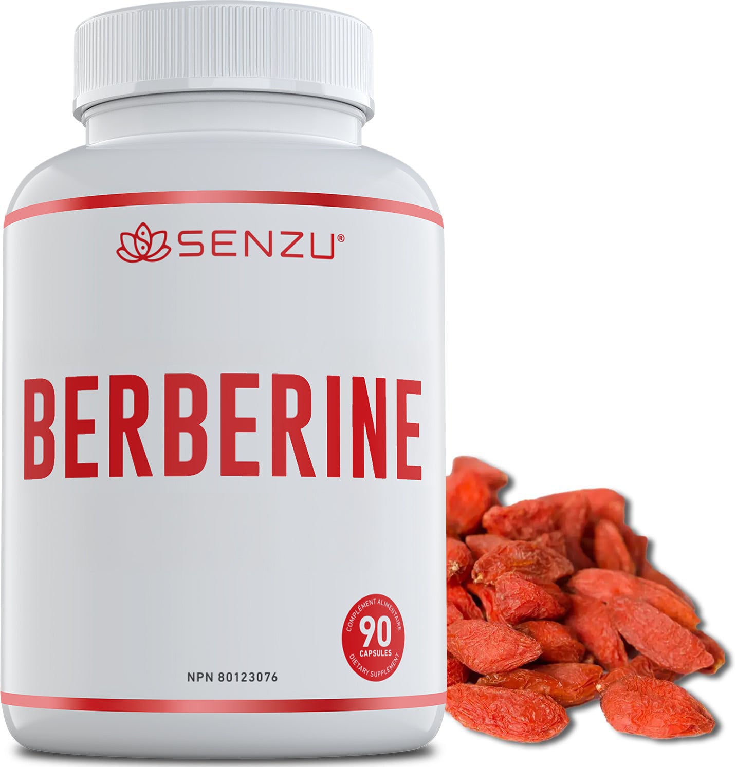 A bottle of Senzu Health Berberine (90 capsules) is displayed next to dried orange-red berries, possibly barberries, on a white background, emphasizing this supplements support for healthy cholesterol and blood sugar.
