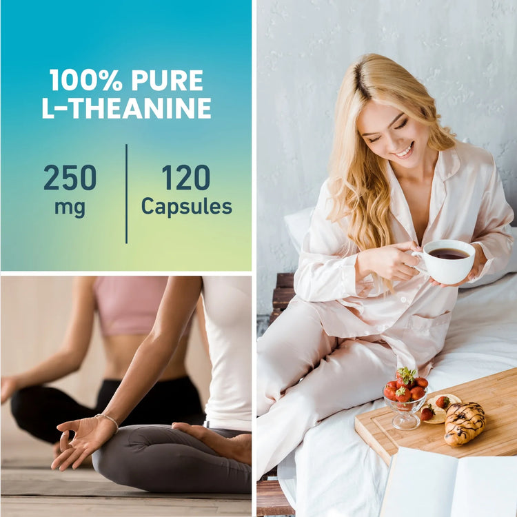 A collage featuring Senzu Health L-Theanine 250mg (120 vegan capsules), a woman smiling in pajamas enjoying breakfast in bed, and a person meditating cross-legged for relaxation.