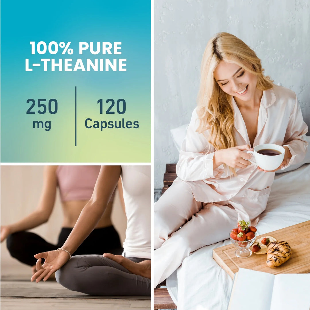 A collage featuring Senzu Health L-Theanine 250mg (120 vegan capsules), a woman smiling in pajamas enjoying breakfast in bed, and a person meditating cross-legged for relaxation.