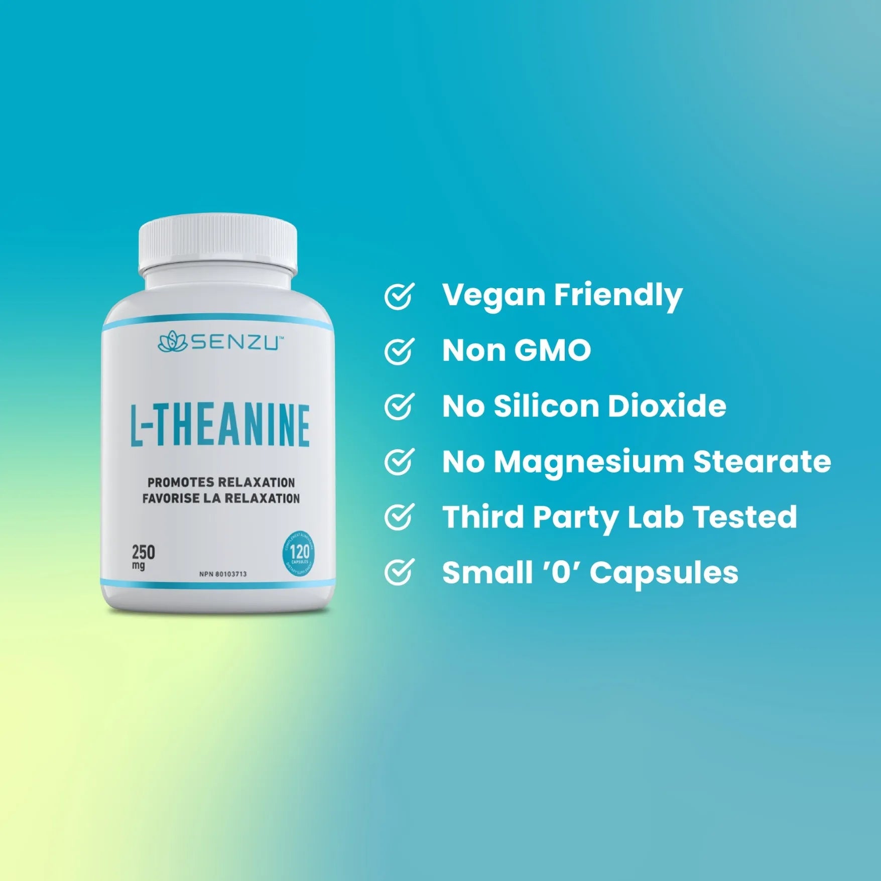 A bottle of Senzu Health L-Theanine 250mg sits on a blue gradient background. Text highlights vegan capsules, relaxation support, non-GMO, free from silicon dioxide and magnesium stearate, third-party tested, and small 0 capsules.