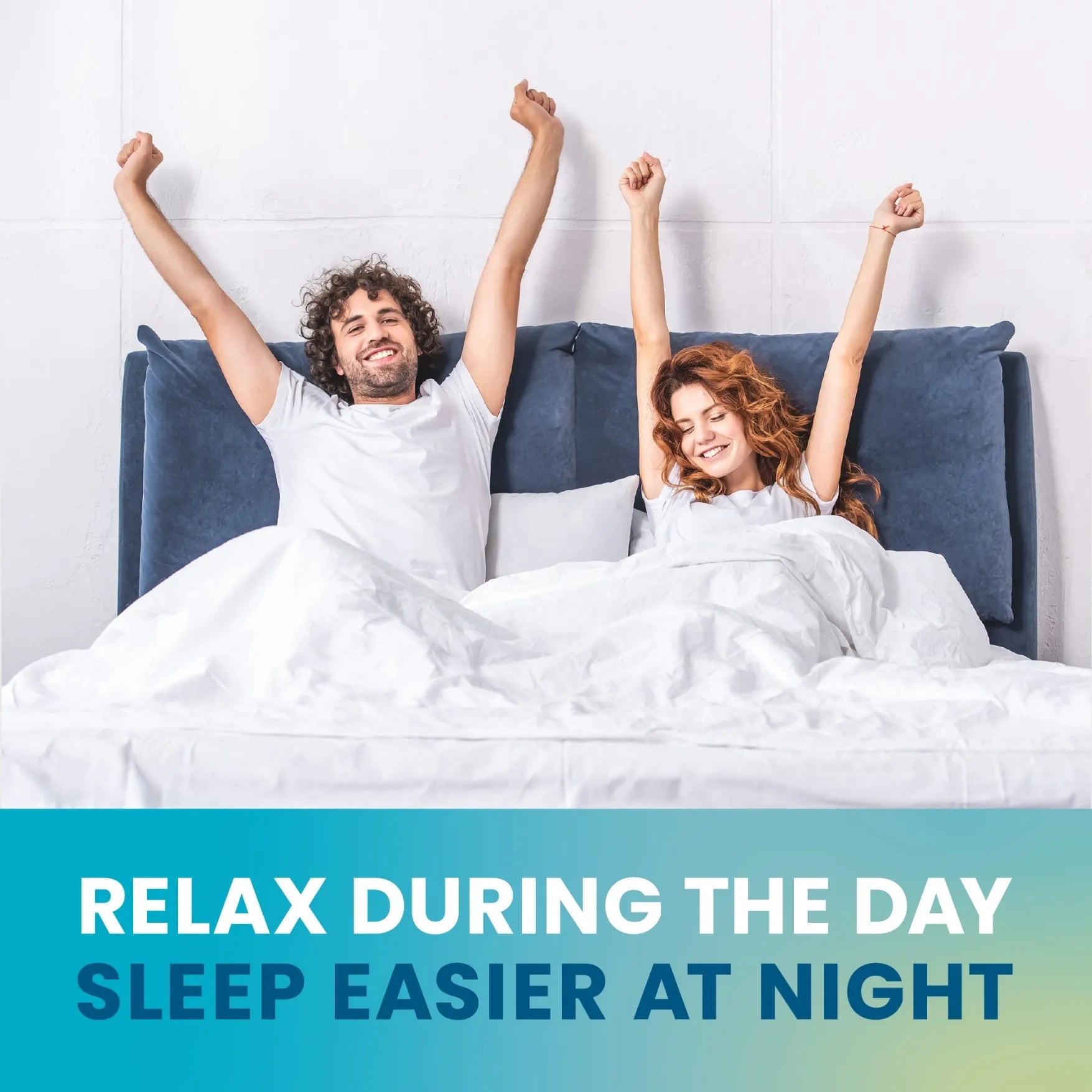 A man and woman sit up in bed smiling under a white blanket. Text at the bottom reads, RELAX DURING THE DAY, SLEEP EASIER AT NIGHT—with Senzu Health L-Theanine 250mg vegan capsules for daily relaxation.